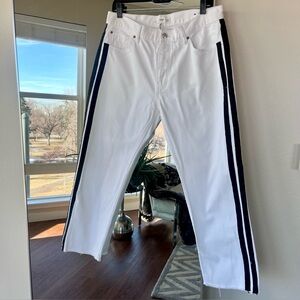 RARE Mango (MNG) White Denim Crop w/ Black Stripes & Raw Hem. Pristine, Size 10